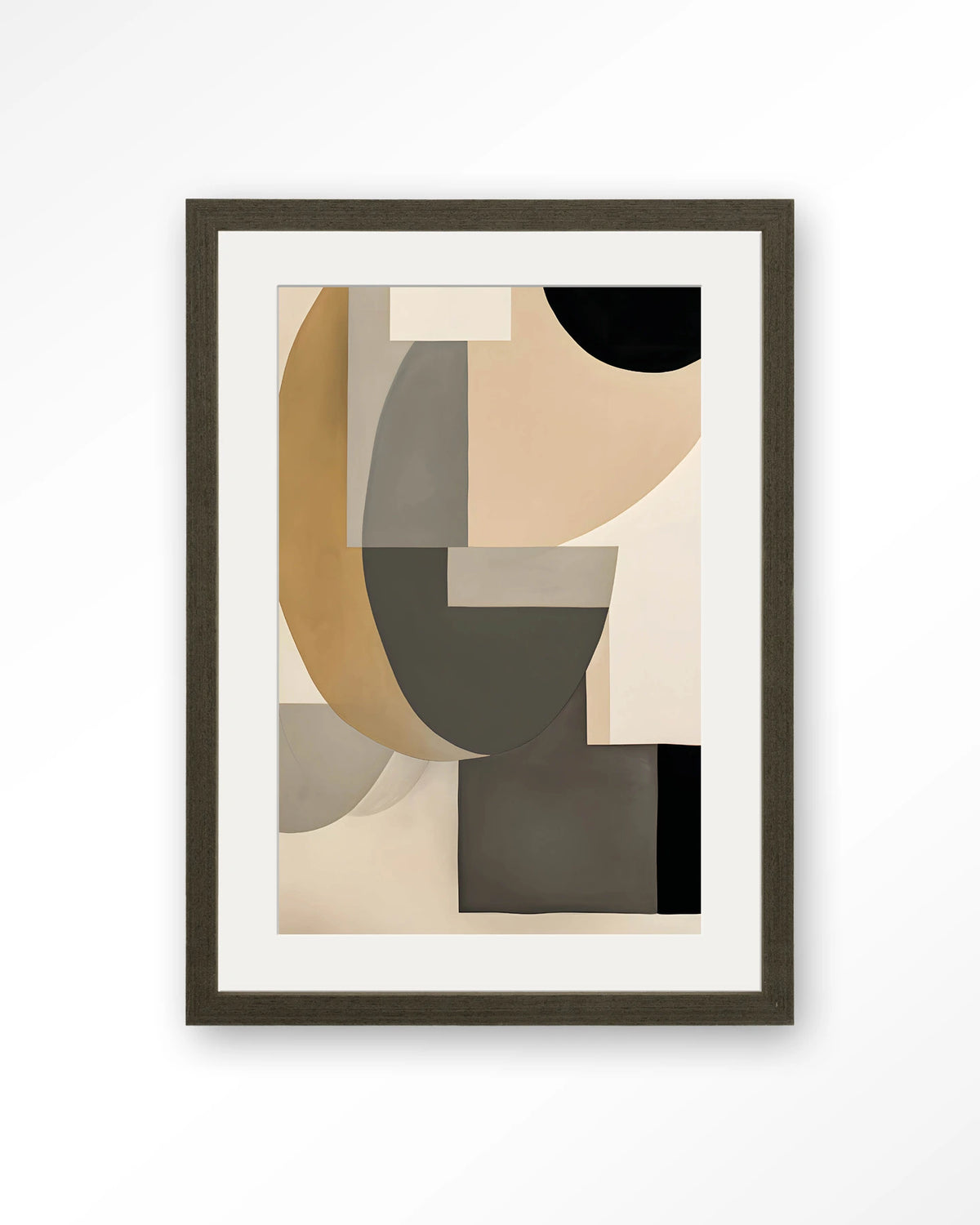 Tighten Wandkleed – geometrisch abstract in beige en zwart – Art print – Hout donkerbruin + passe-partout