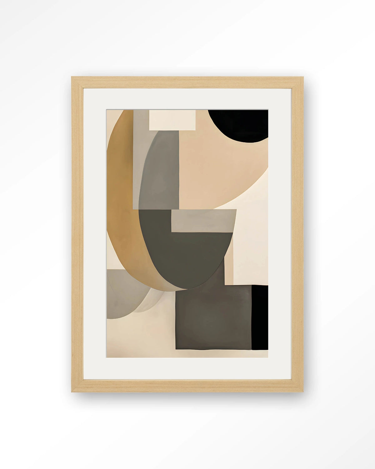 Tighten Wandkleed – geometrisch abstract in beige en zwart – Art print – Hout naturel + passe-partout