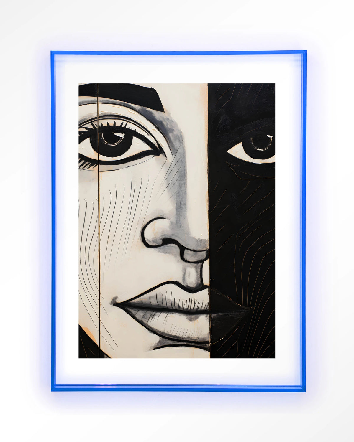 Contrast – gezicht in zwart-wit – Art print – Acryl lichtblauw