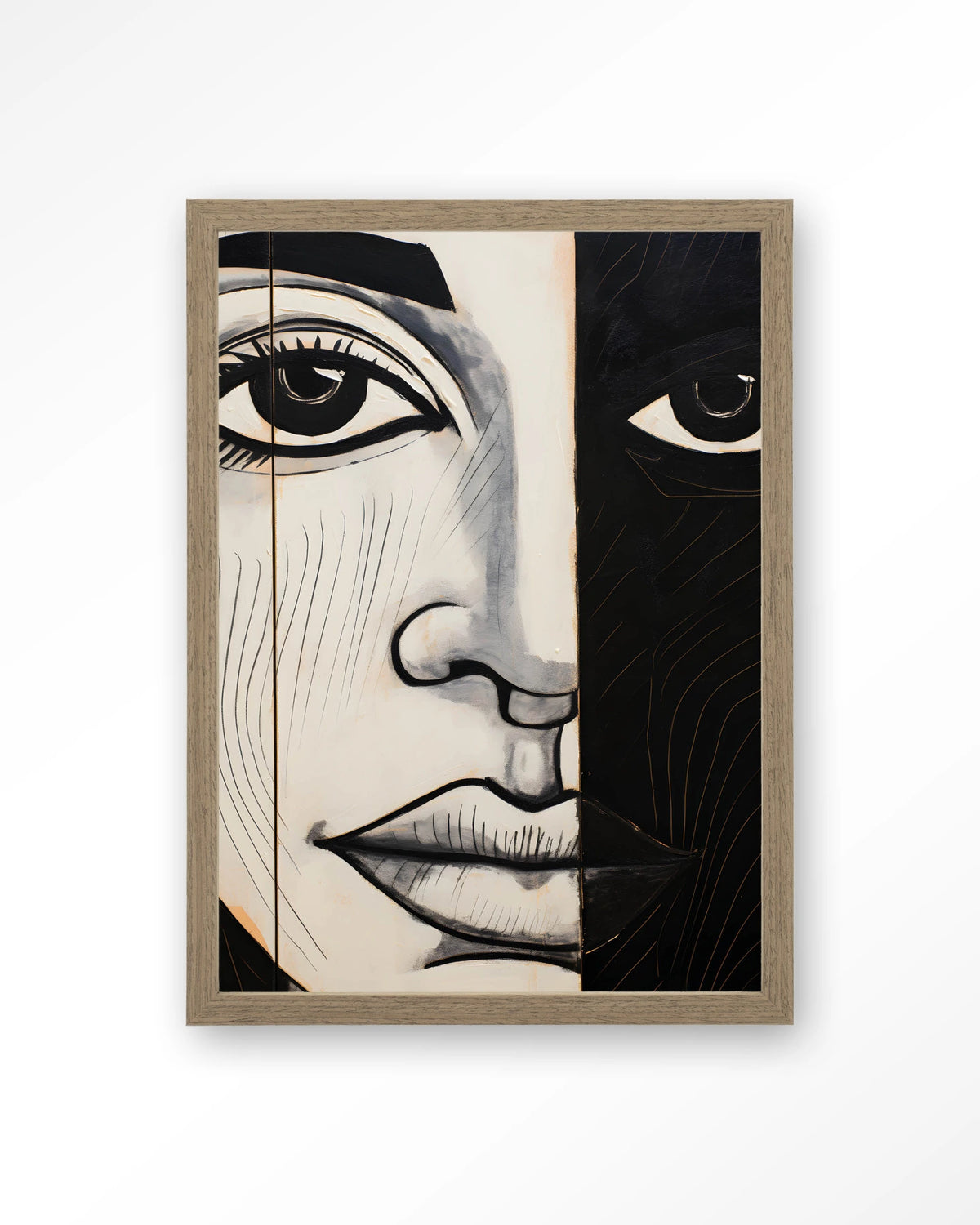 Contrast – gezicht in zwart-wit – Art print – Hout bruin