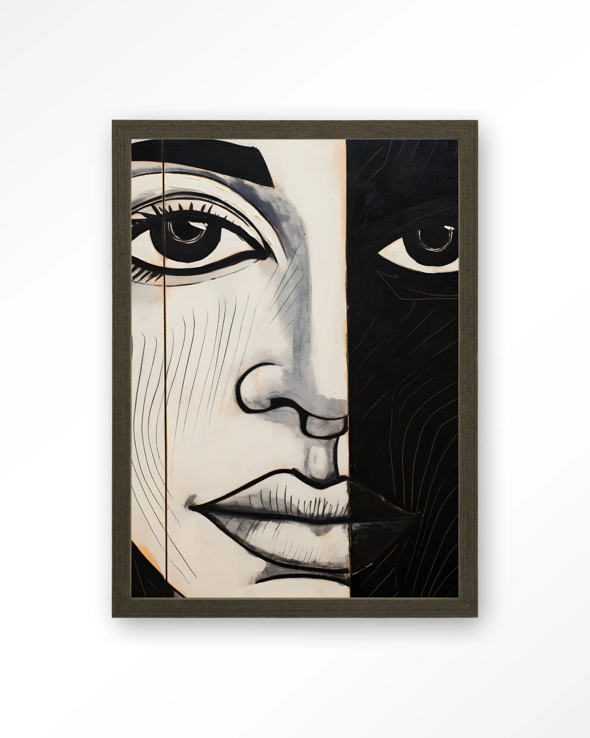 Contrast – gezicht in zwart-wit – Art print – Hout donkerbruin