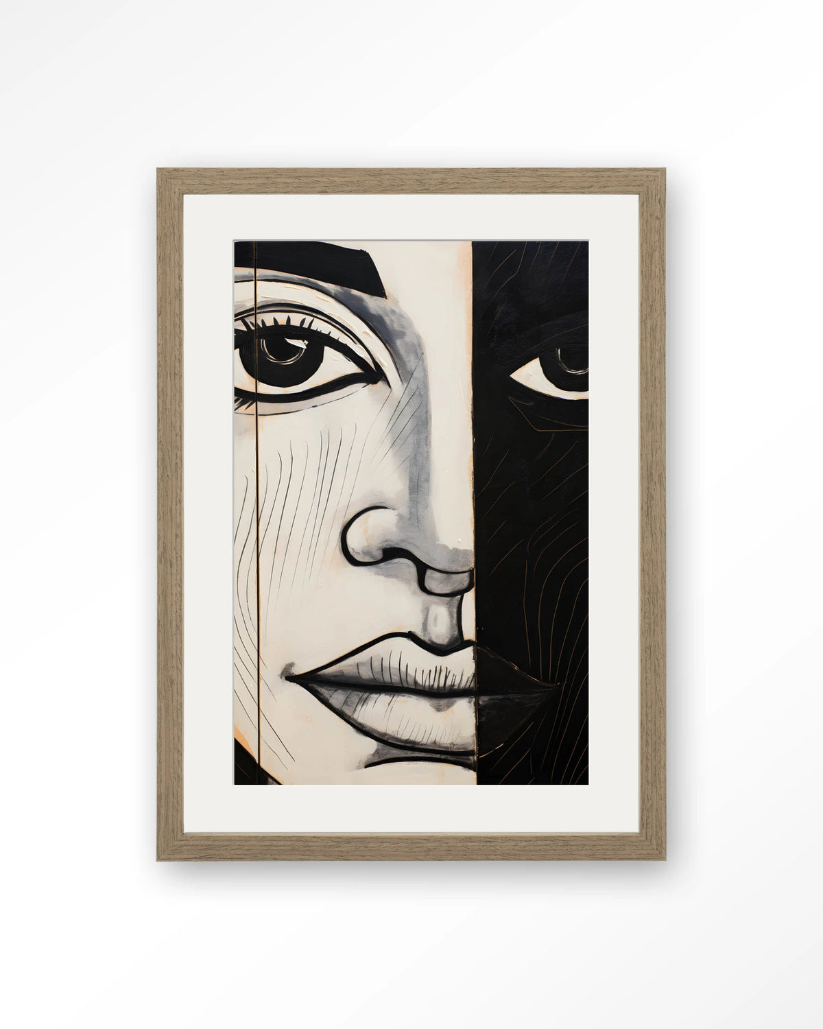 Contrast – gezicht in zwart-wit – Art print – Hout bruin + passe-partout