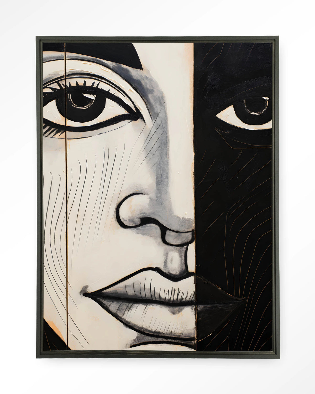 Contrast – gezicht in zwart-wit – Wandkleed – Floating frame – zwart
