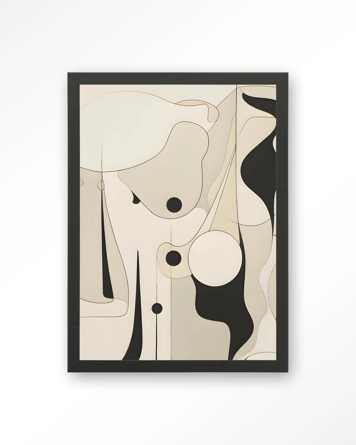 Rocamadour – abstracte lijntekening in zwart en beige – Art print – Hout zwart