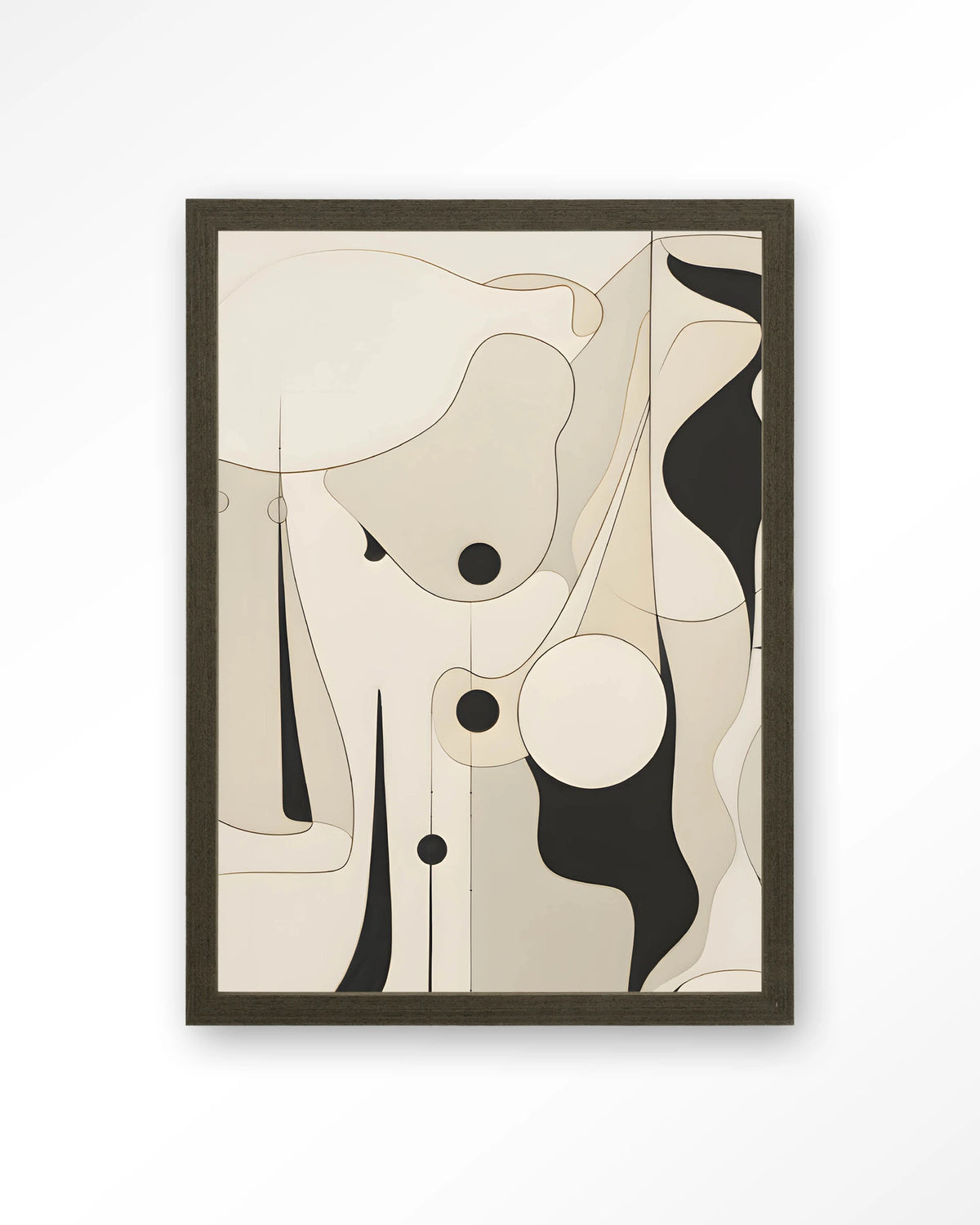 Rocamadour – abstracte lijntekening in zwart en beige – Art print – Hout donkerbruin