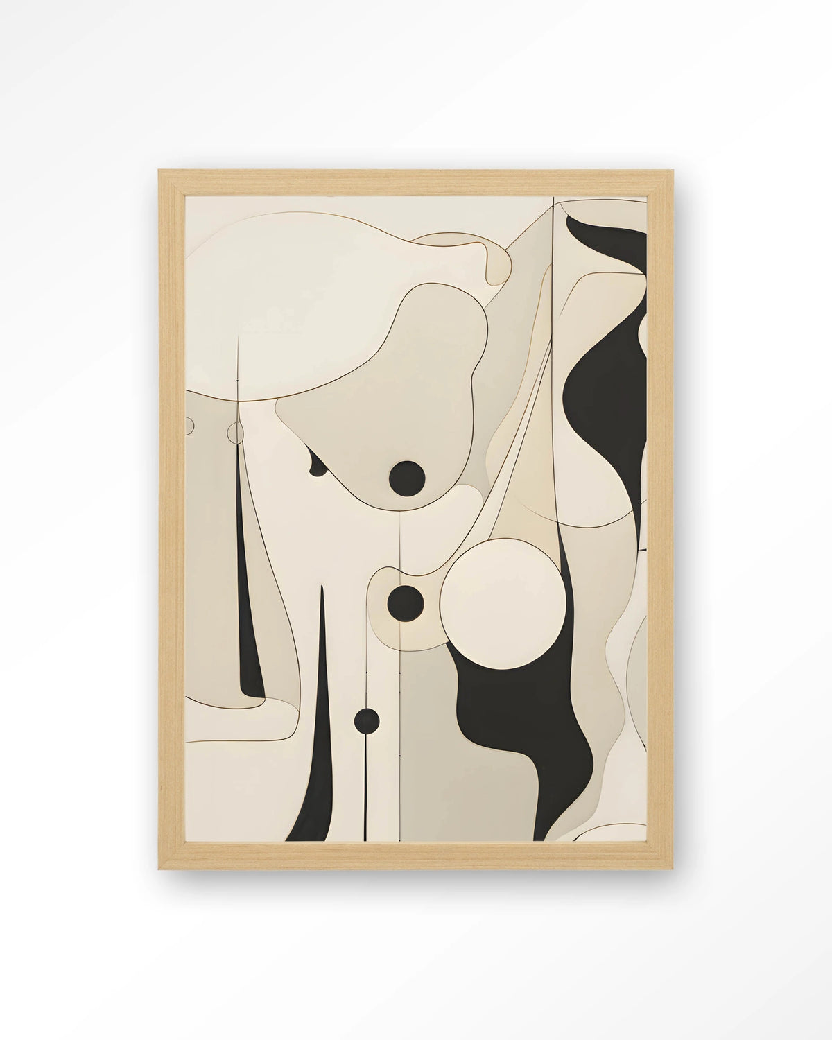 Rocamadour – abstracte lijntekening in zwart en beige – Art print – Hout naturel