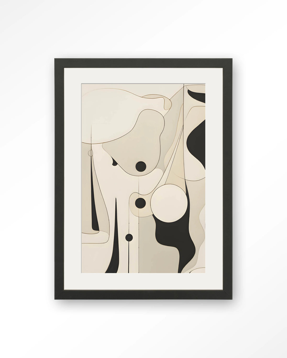 Rocamadour – abstracte lijntekening in zwart en beige – Art print – Hout zwart + passe-partout
