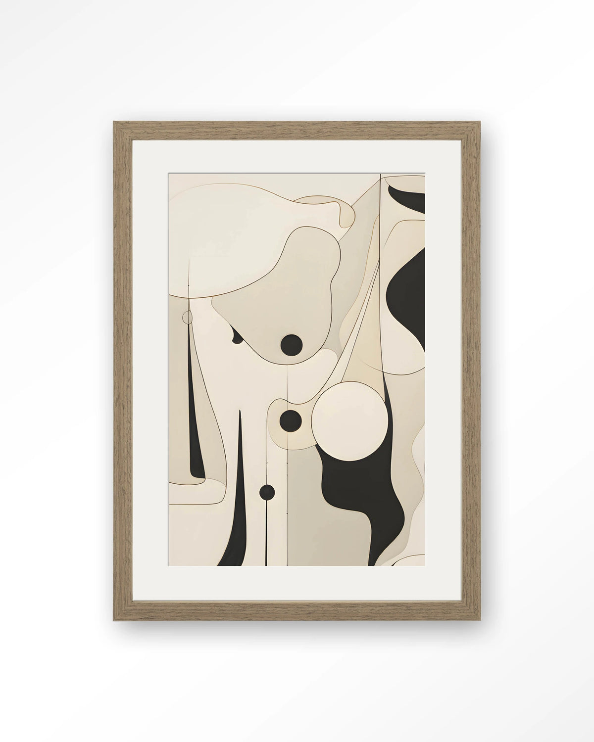 Rocamadour – abstracte lijntekening in zwart en beige – Art print – Hout bruin + passe-partout