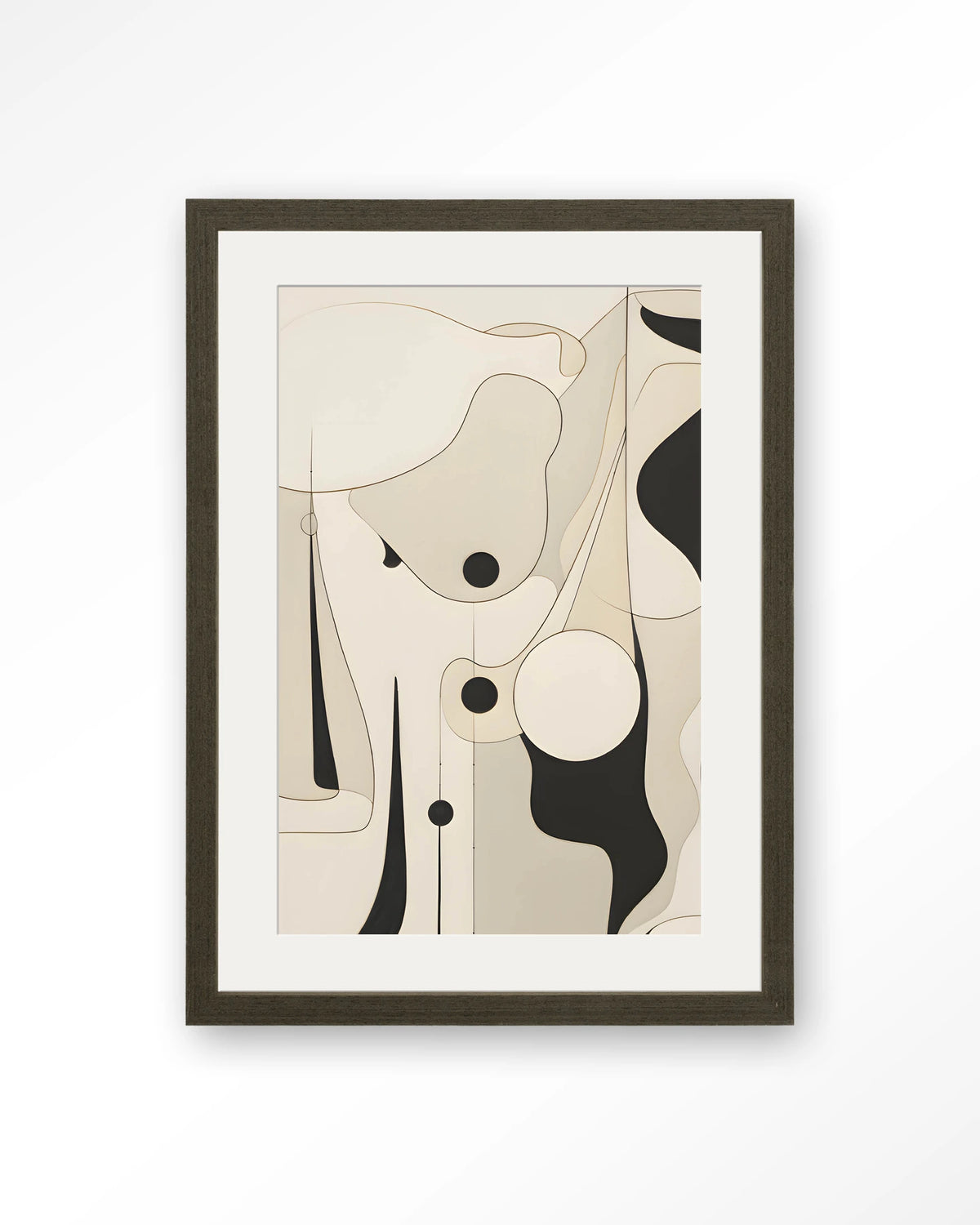 Rocamadour – abstracte lijntekening in zwart en beige – Art print – Hout donkerbruin + passe-partout
