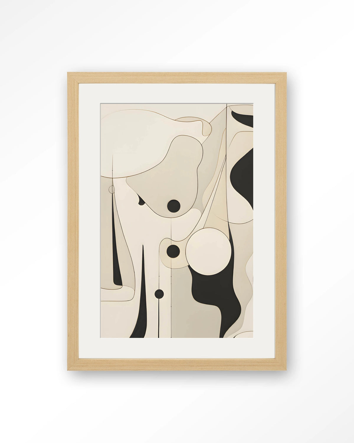 Rocamadour – abstracte lijntekening in zwart en beige – Art print – Hout naturel + passe-partout
