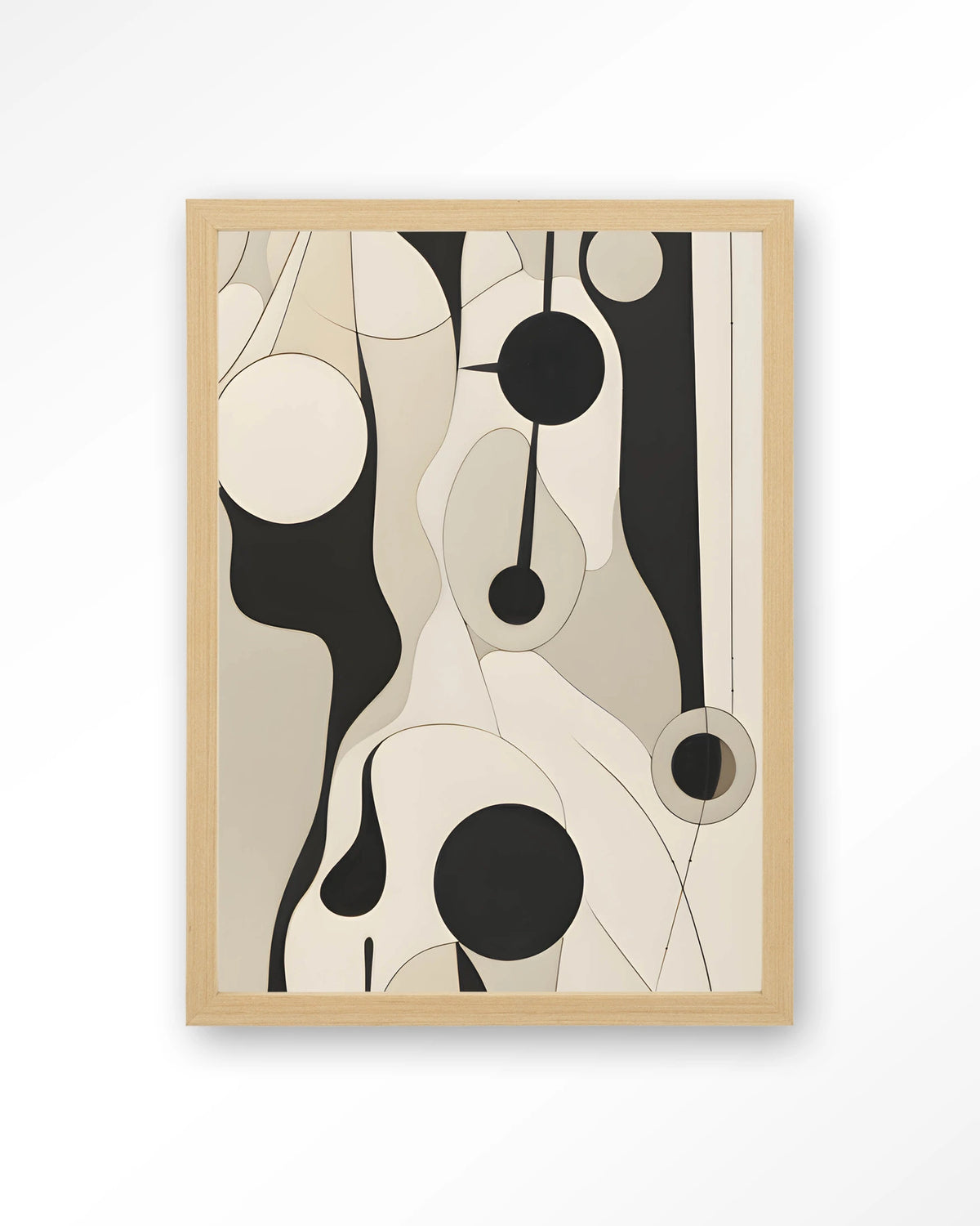 Carcassone – abstract in zwart en crème met lijnen – Art print – Hout naturel