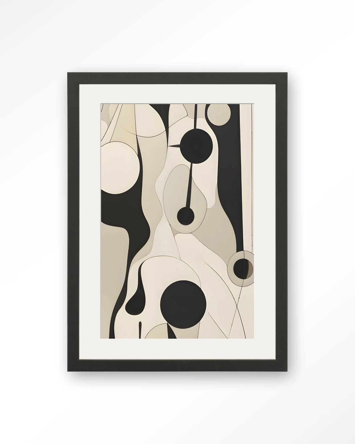 Carcassone – abstract in zwart en crème met lijnen – Art print – Hout zwart + passe-partout