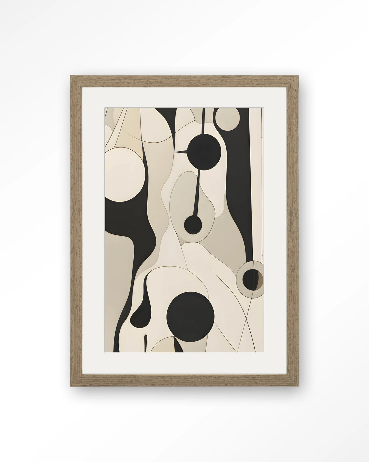 Carcassone – abstract in zwart en crème met lijnen – Art print – Hout bruin + passe-partout