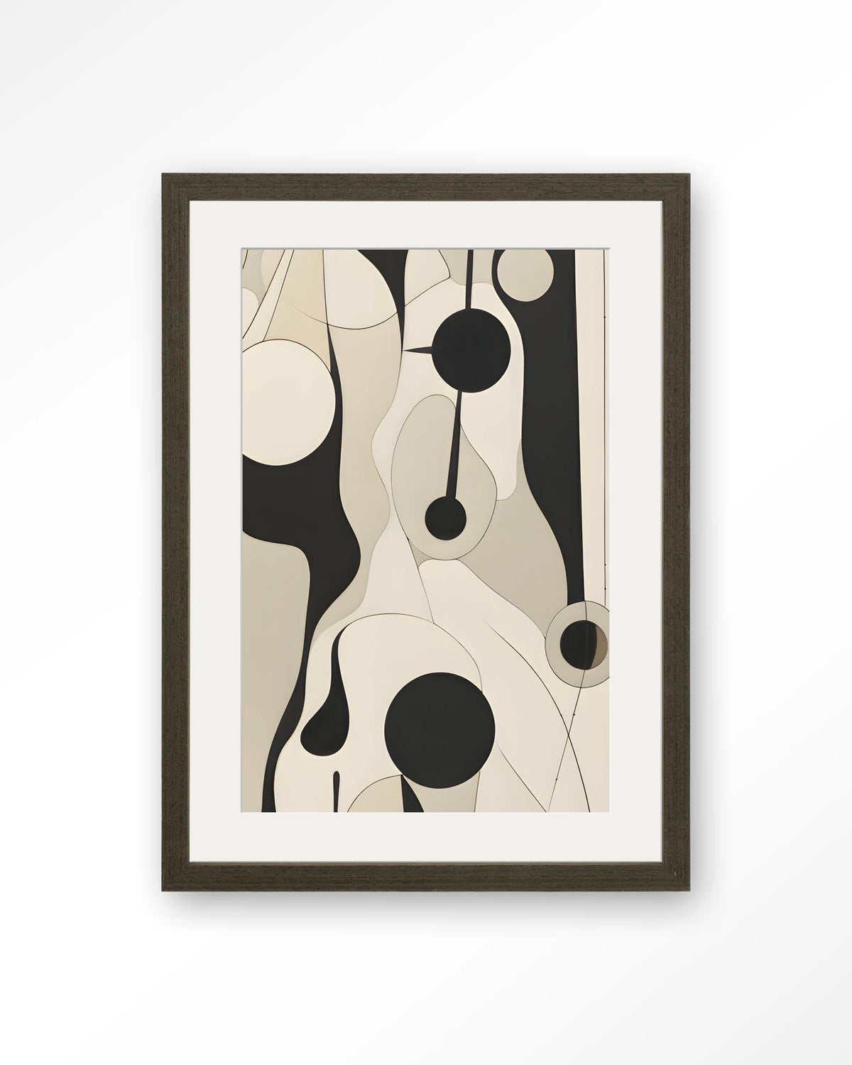 Carcassone – abstract in zwart en crème met lijnen – Art print – Hout donkerbruin + passe-partout