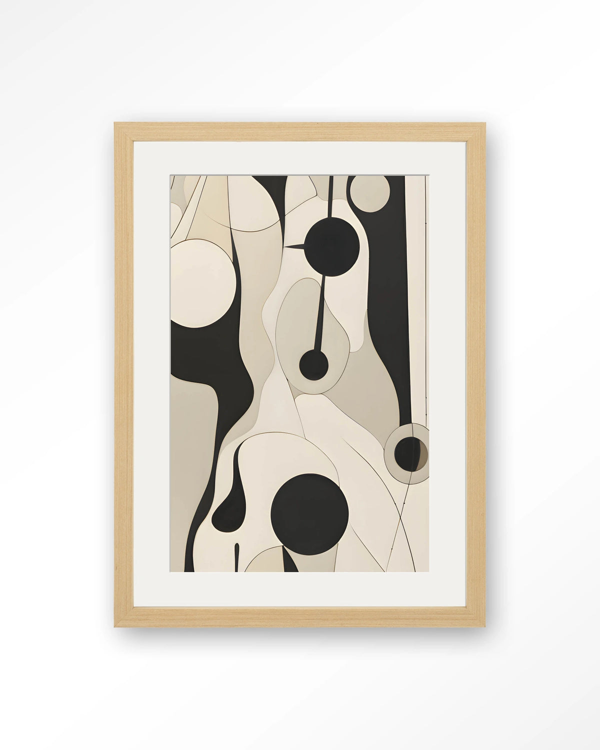 Carcassone – abstract in zwart en crème met lijnen – Art print – Hout naturel + passe-partout