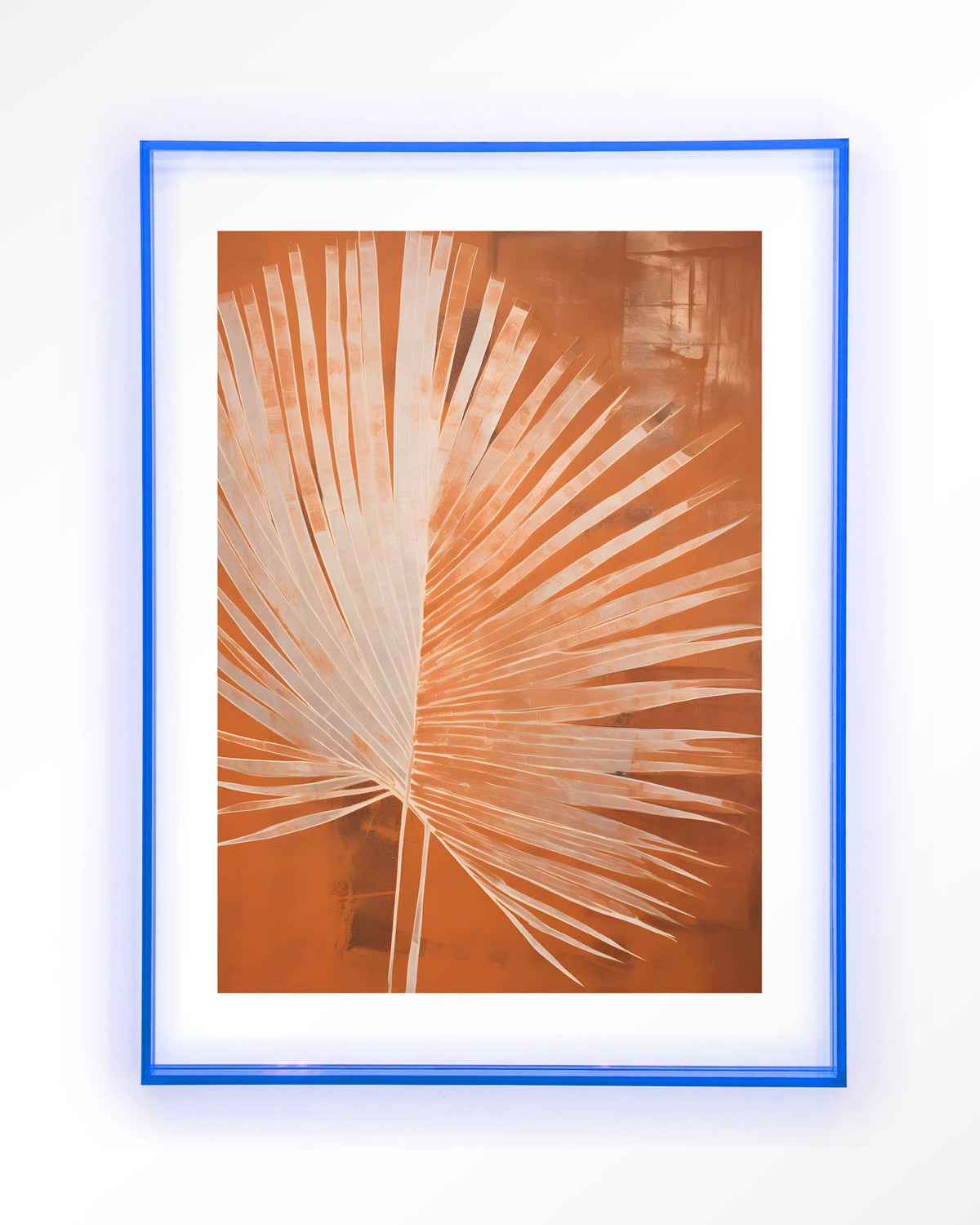 Rusty Palm – palmblad in oranje – Art print – Acryl lichtblauw