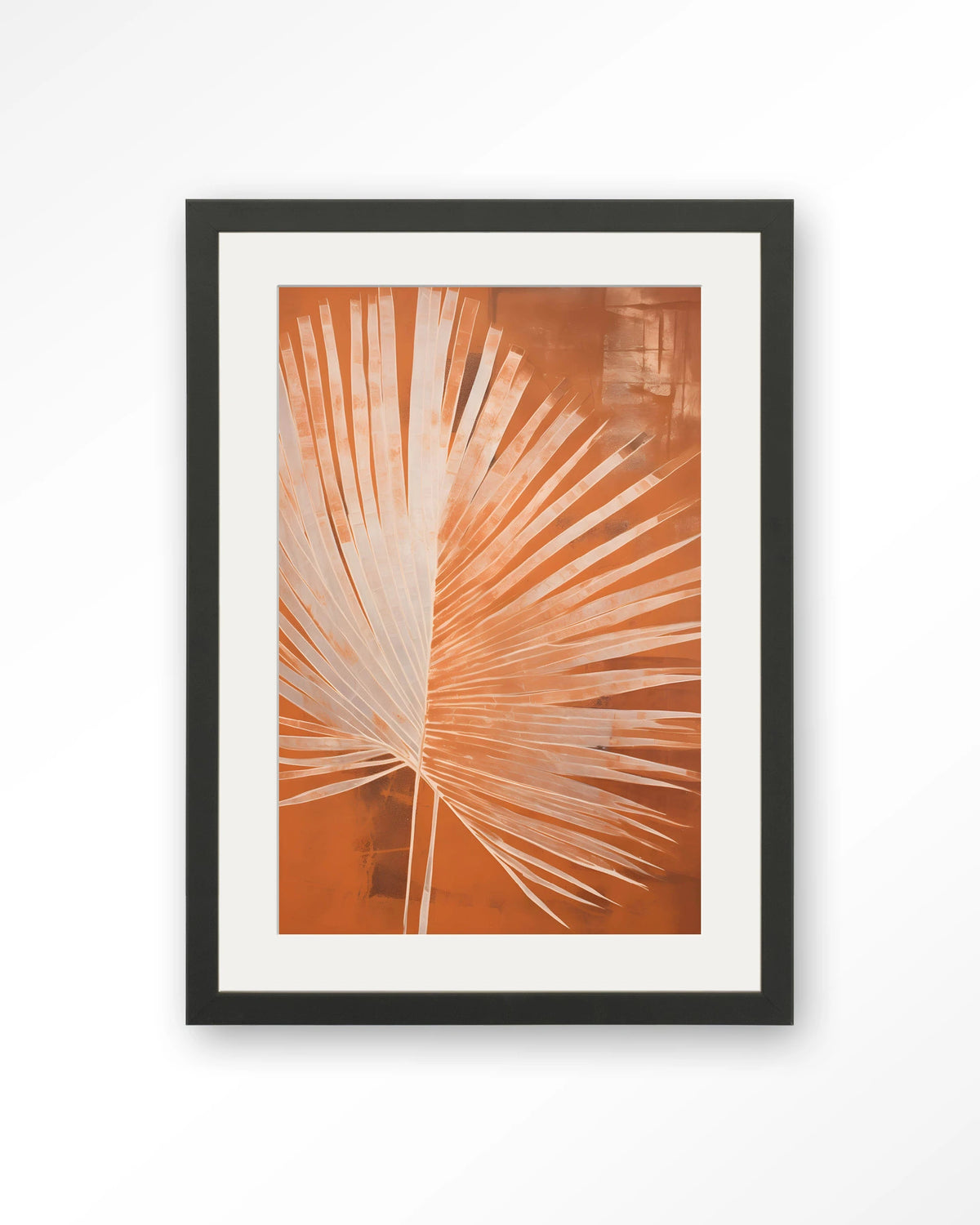 Rusty Palm – palmblad in oranje – Art print – Hout zwart + passe-partout