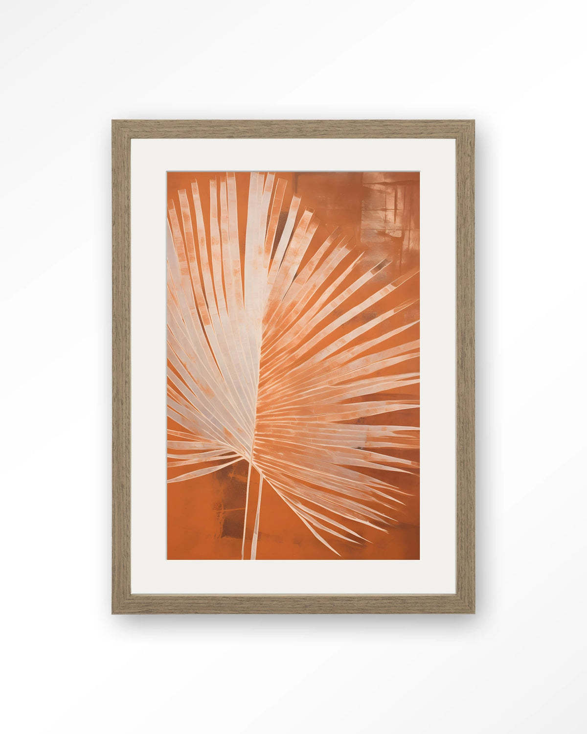 Rusty Palm – palmblad in oranje – Art print – Hout bruin + passe-partout