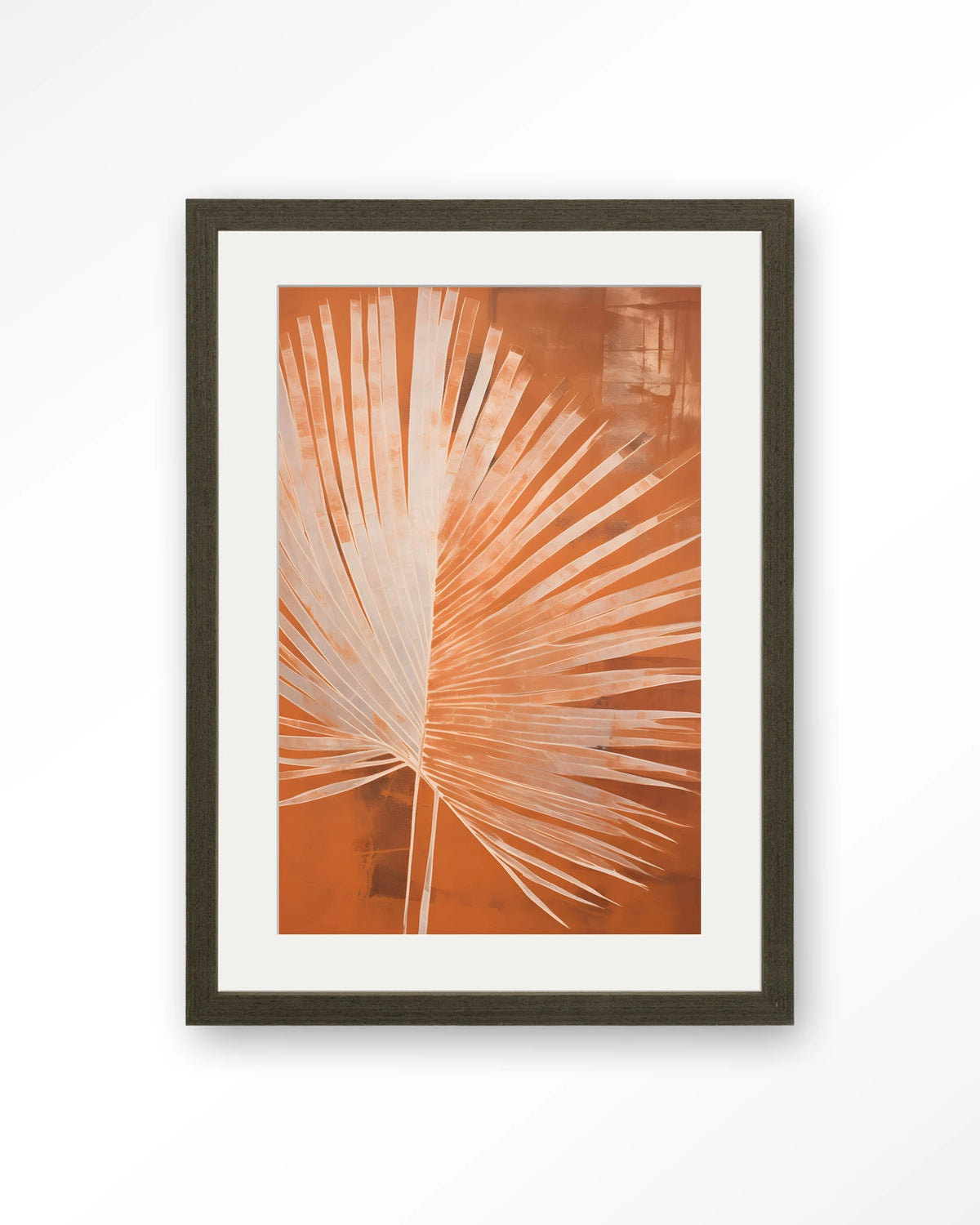 Rusty Palm – palmblad in oranje – Art print – Hout donkerbruin + passe-partout