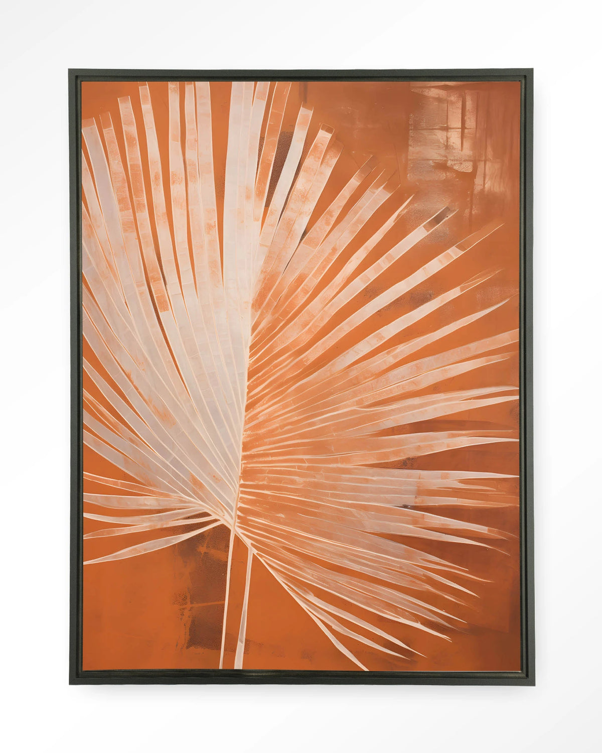 Rusty Palm – palmblad in oranje – Wandkleed – Floating frame – zwart