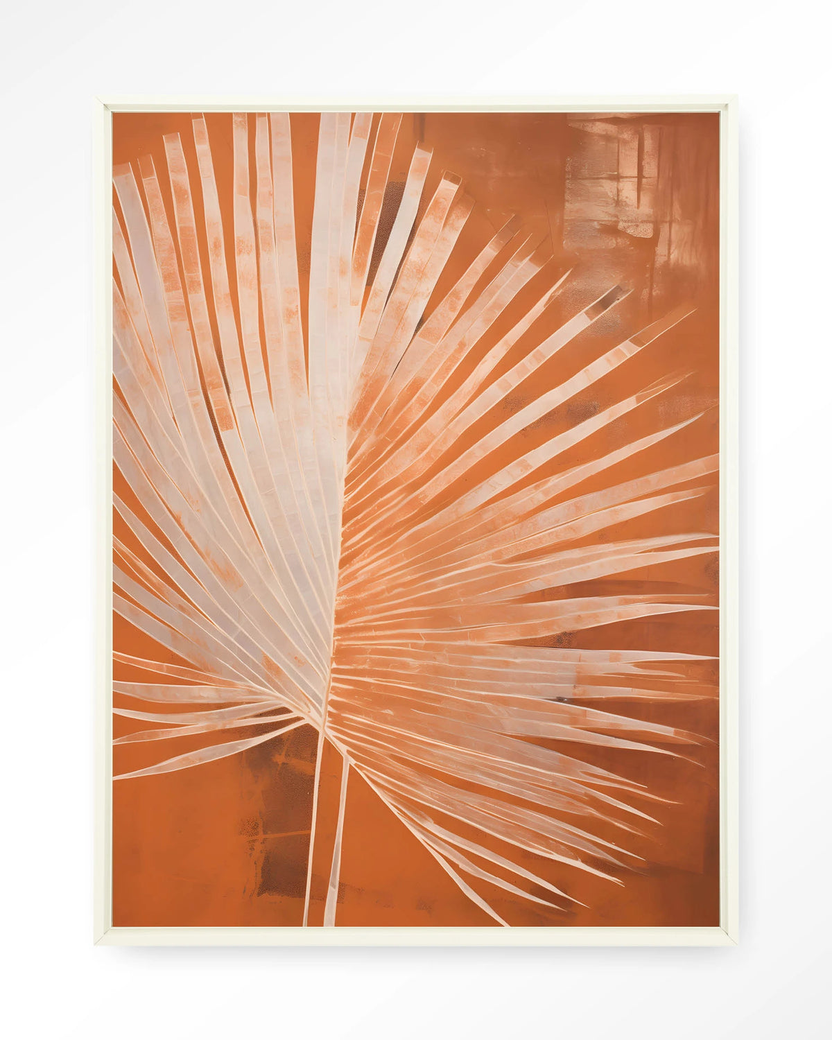 Rusty Palm – palmblad in oranje – Wandkleed – Floating frame – wit
