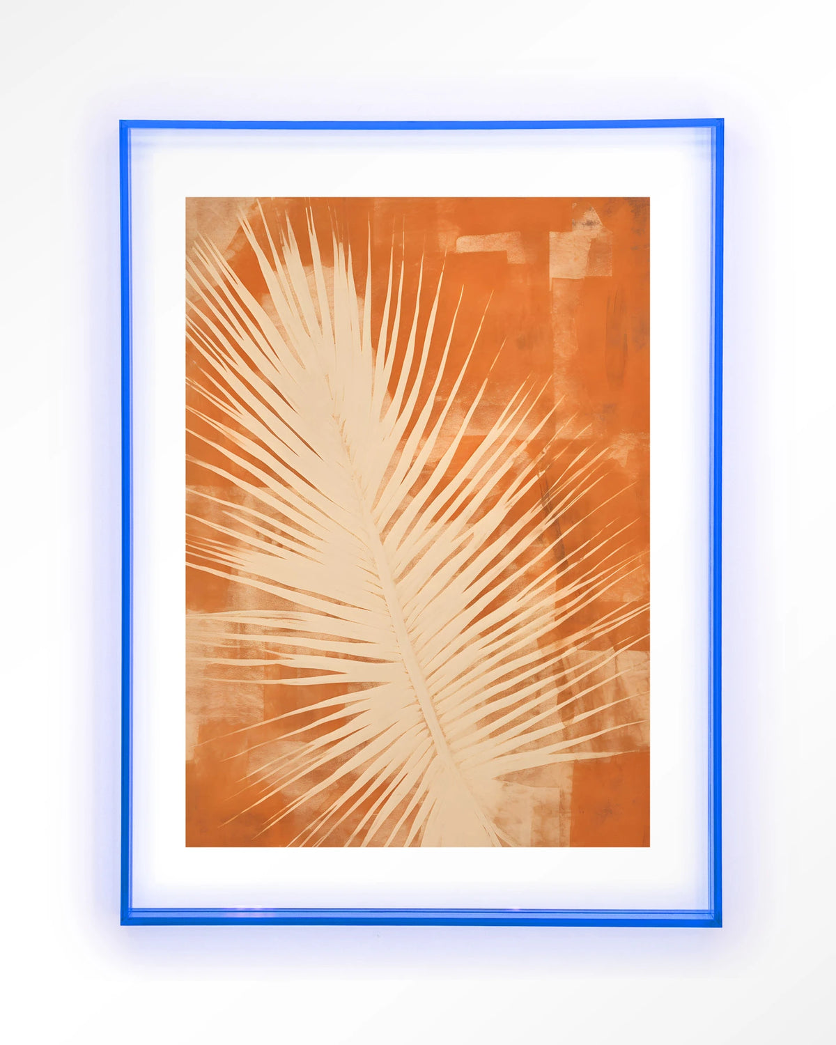 Rusty Leaf – palmblad in oranje – Art print – Acryl lichtblauw
