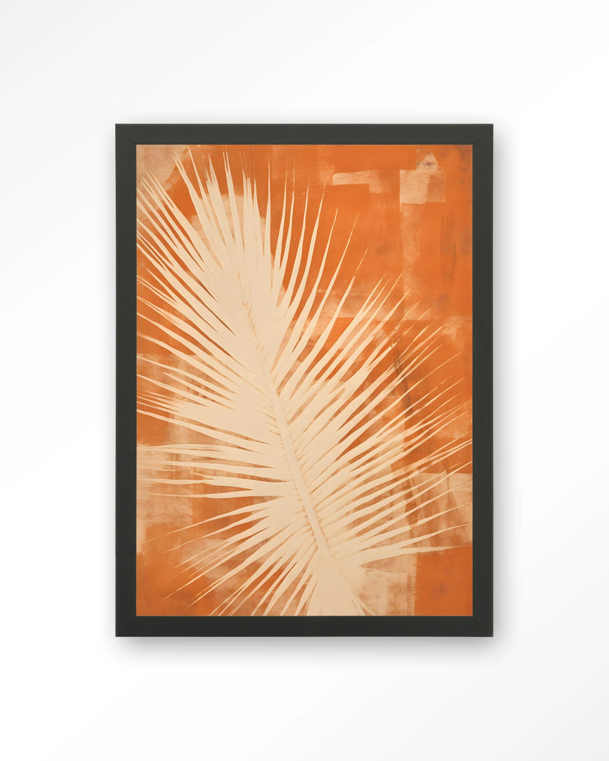 Rusty Leaf – palmblad in oranje – Art print – Hout zwart