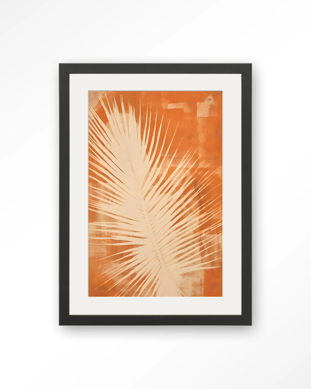 Rusty Leaf – palmblad in oranje – Art print – Hout zwart + passe-partout