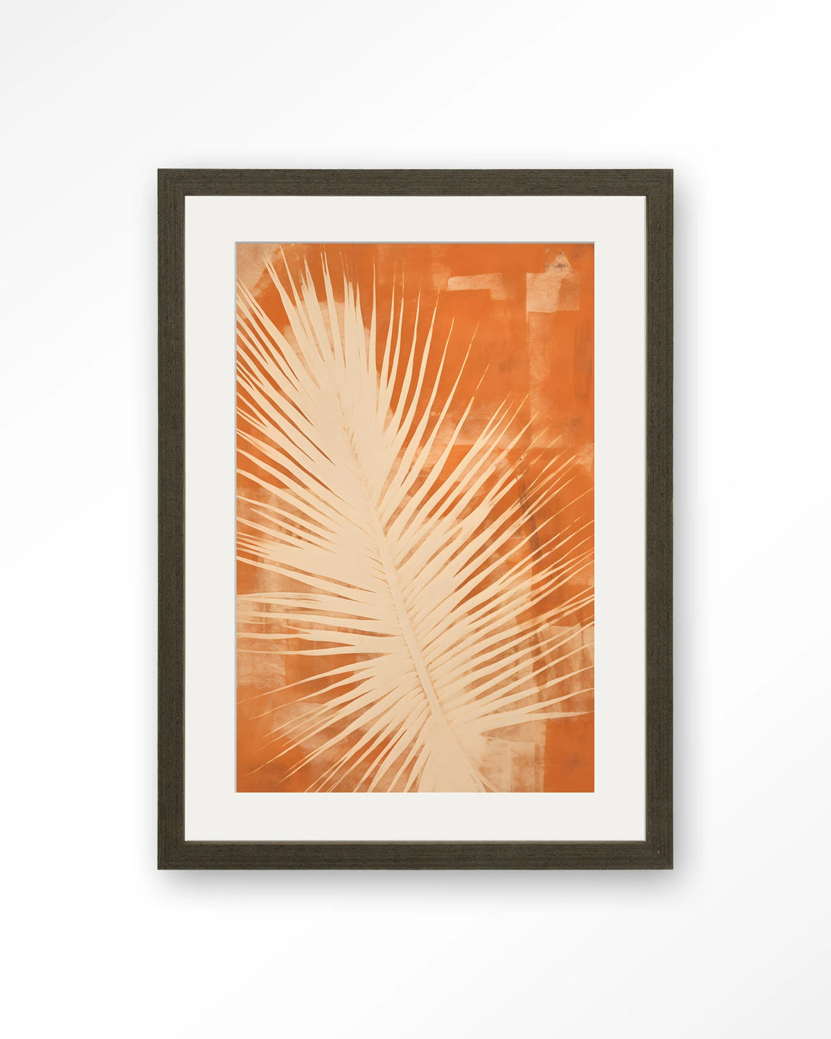 Rusty Leaf – palmblad in oranje – Art print – Hout donkerbruin + passe-partout