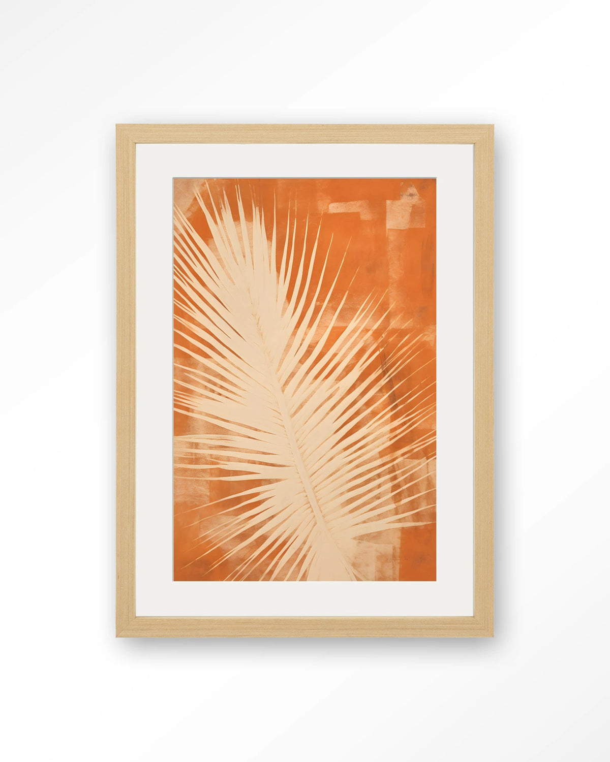 Rusty Leaf – palmblad in oranje – Art print – Hout naturel + passe-partout