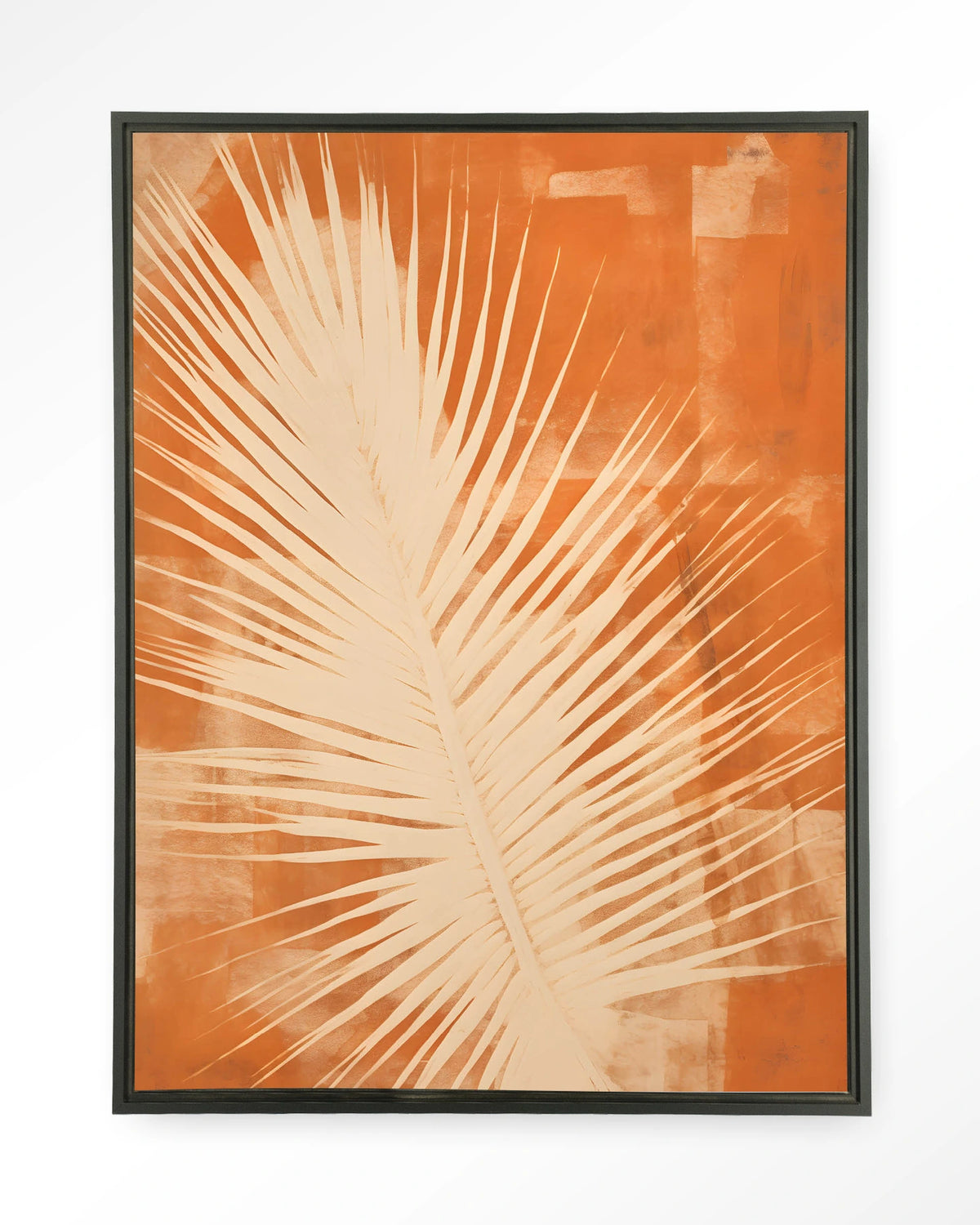 Rusty Leaf – palmblad in oranje – Wandkleed – Floating frame – zwart