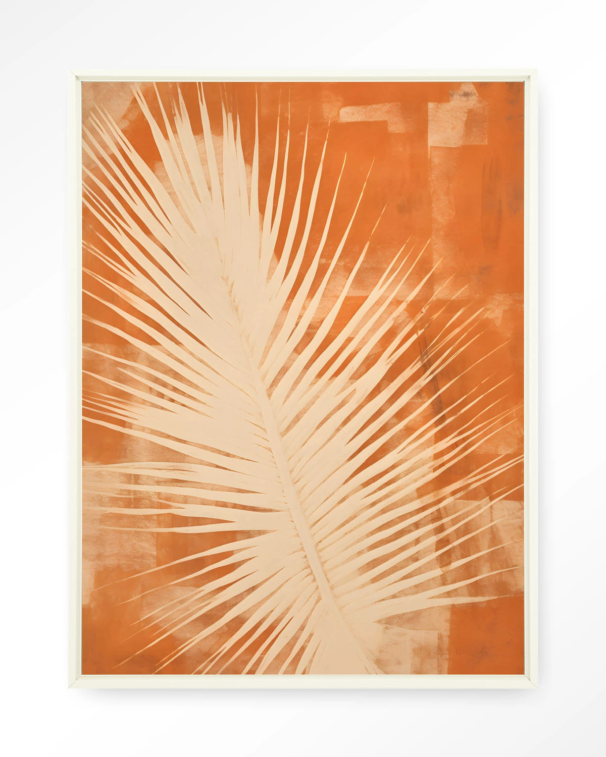 Rusty Leaf – palmblad in oranje – Wandkleed – Floating frame – wit