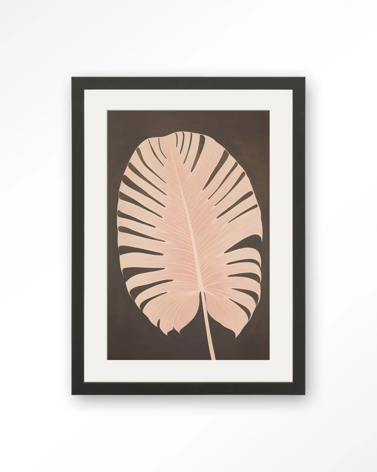 Pink Leaf – roze blad op bruine achtergrond – Art print – Hout zwart + passe-partout
