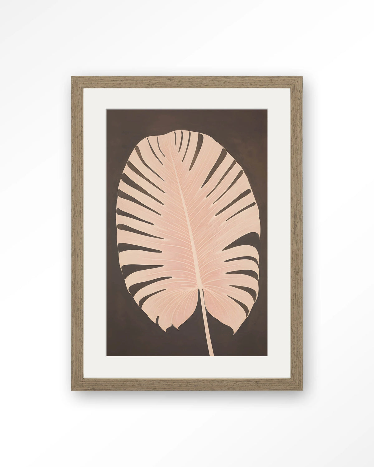 Pink Leaf – roze blad op bruine achtergrond – Art print – Hout bruin + passe-partout