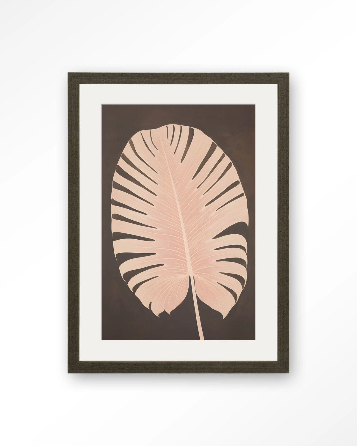 Pink Leaf – roze blad op bruine achtergrond – Art print – Hout donkerbruin + passe-partout