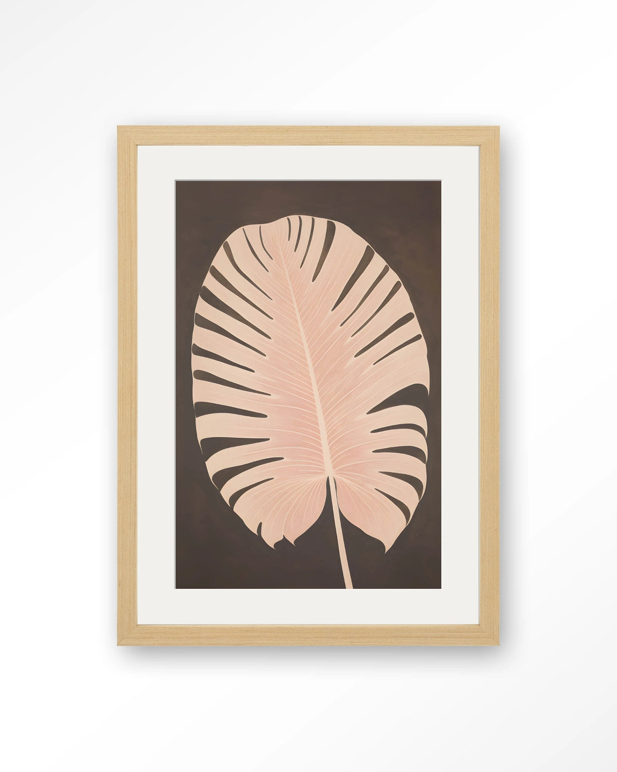 Pink Leaf – roze blad op bruine achtergrond – Art print – Hout naturel + passe-partout