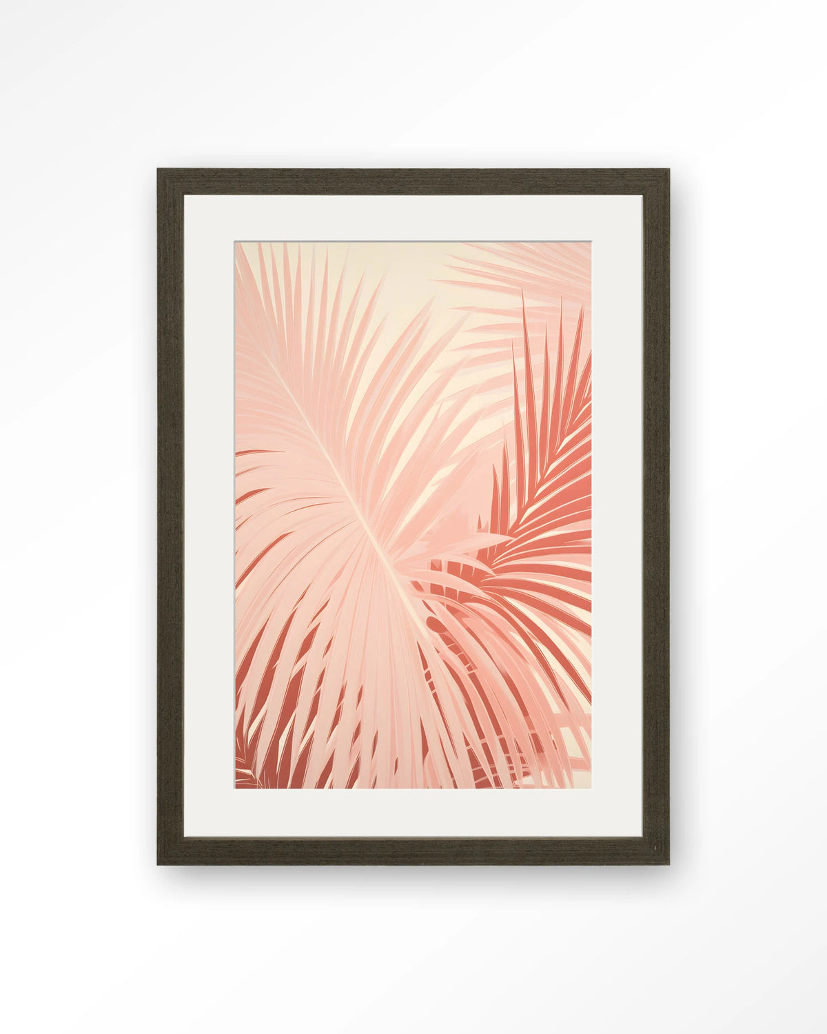 Pink Palm – roze palmbladeren – Art print – Hout donkerbruin + passe-partout
