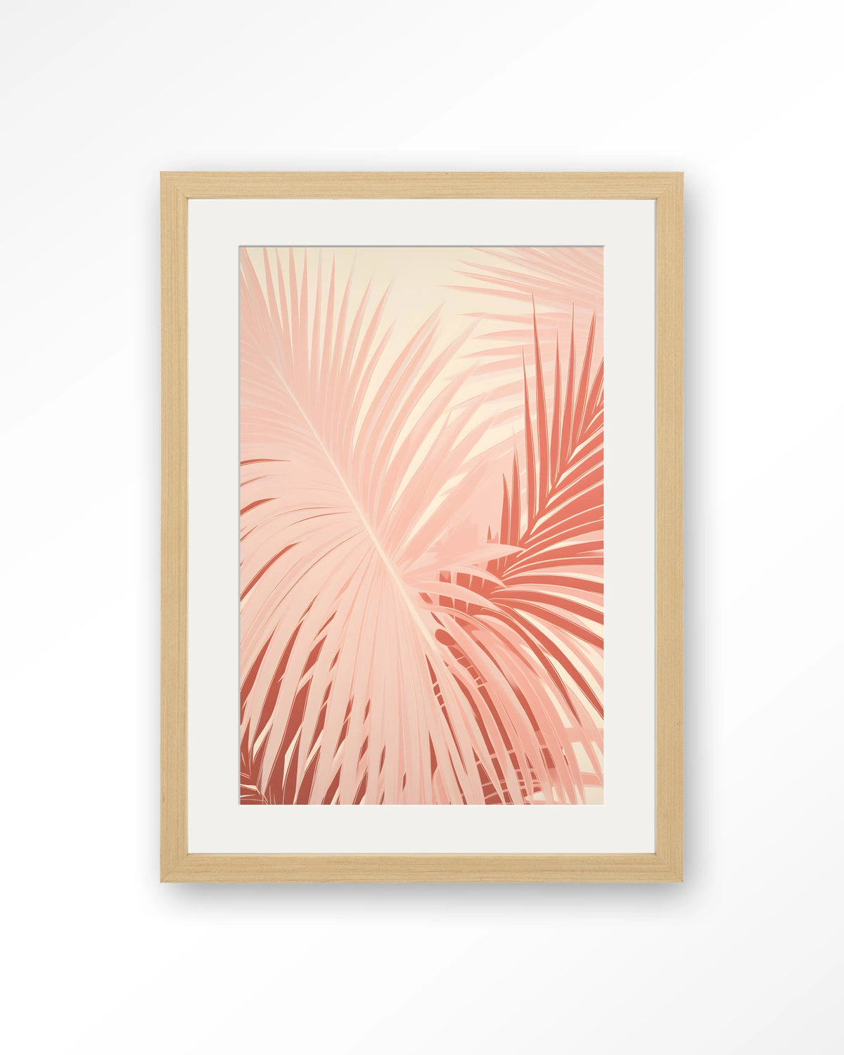 Pink Palm – roze palmbladeren – Art print – Hout naturel + passe-partout