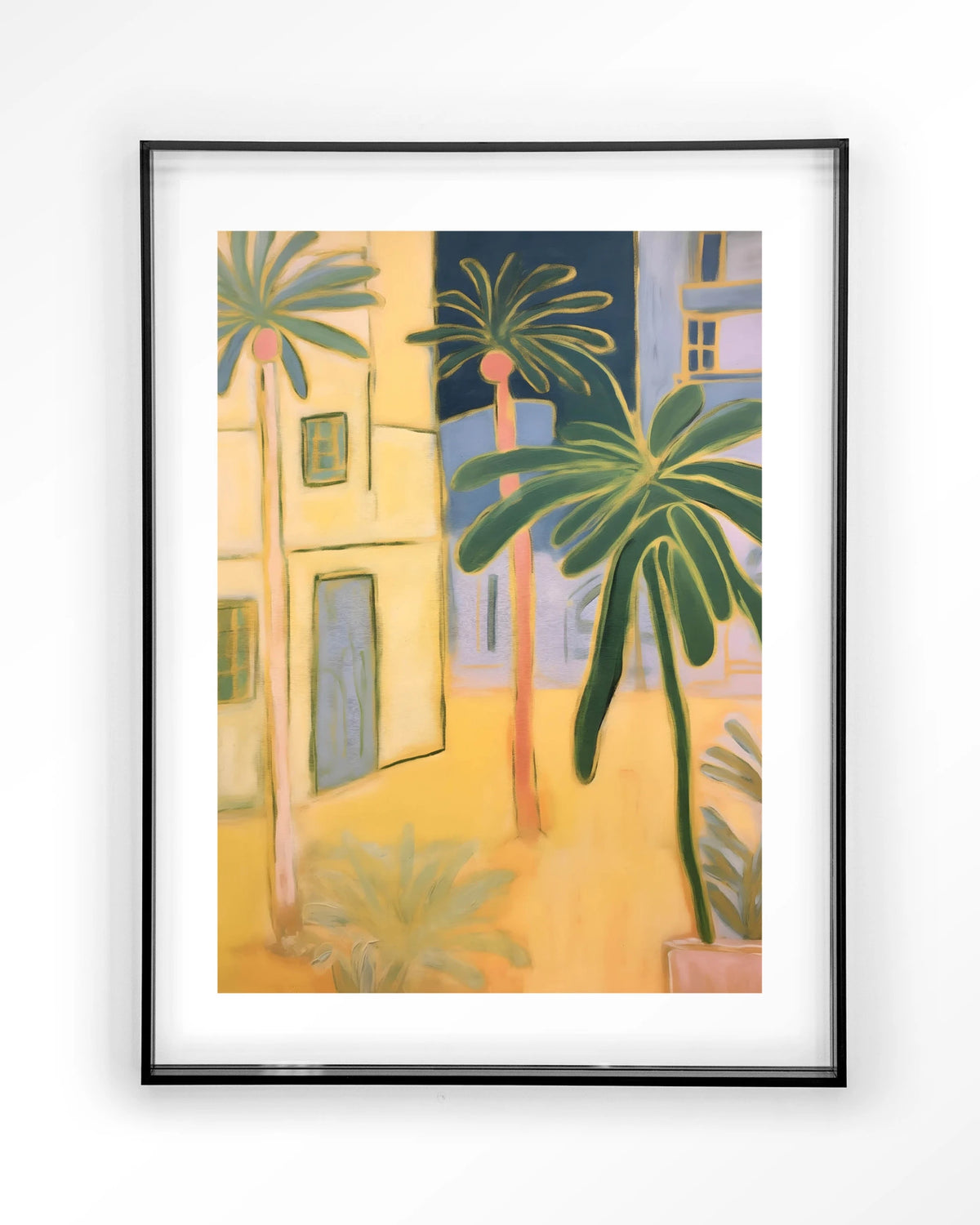 Otrobanda – palmbomen en gele huizen – Art print – Acryl zwart