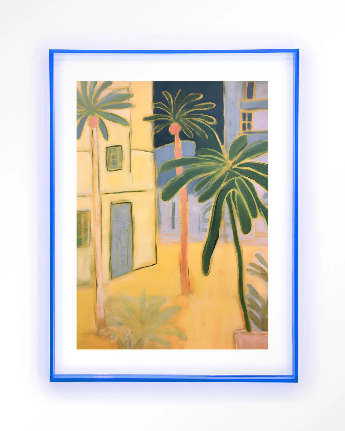 Otrobanda – palmbomen en gele huizen – Art print – Acryl lichtblauw