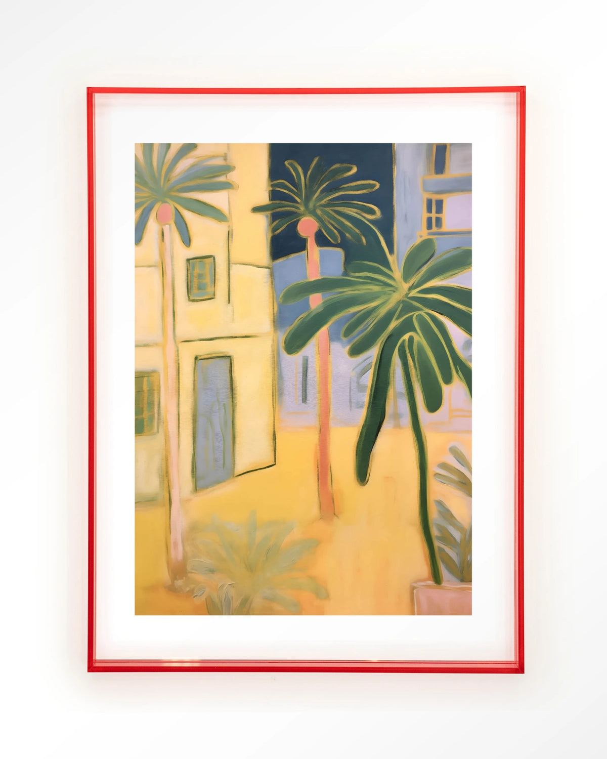 Otrobanda – palmbomen en gele huizen – Art print – Acryl roze