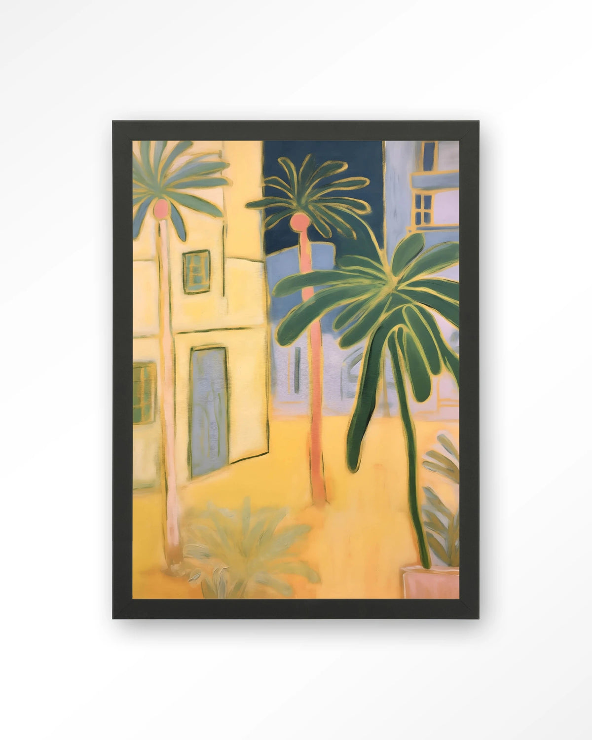 Otrobanda – palmbomen en gele huizen – Art print – Hout zwart