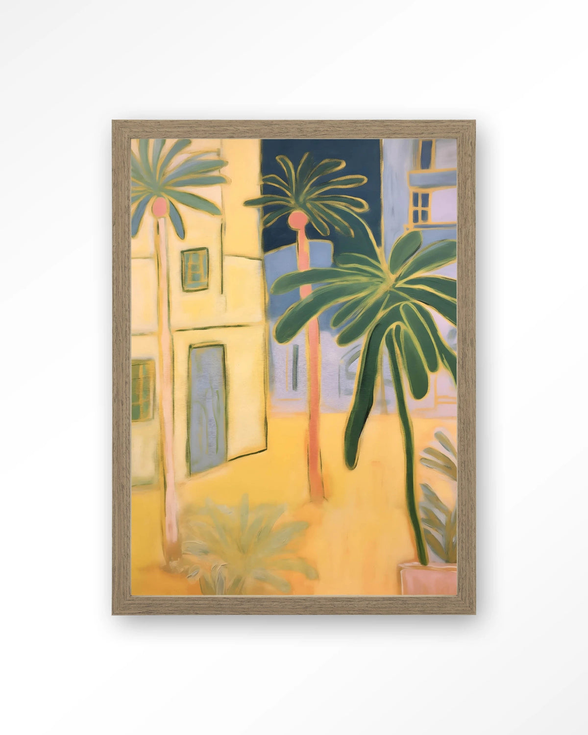Otrobanda – palmbomen en gele huizen – Art print – Hout bruin