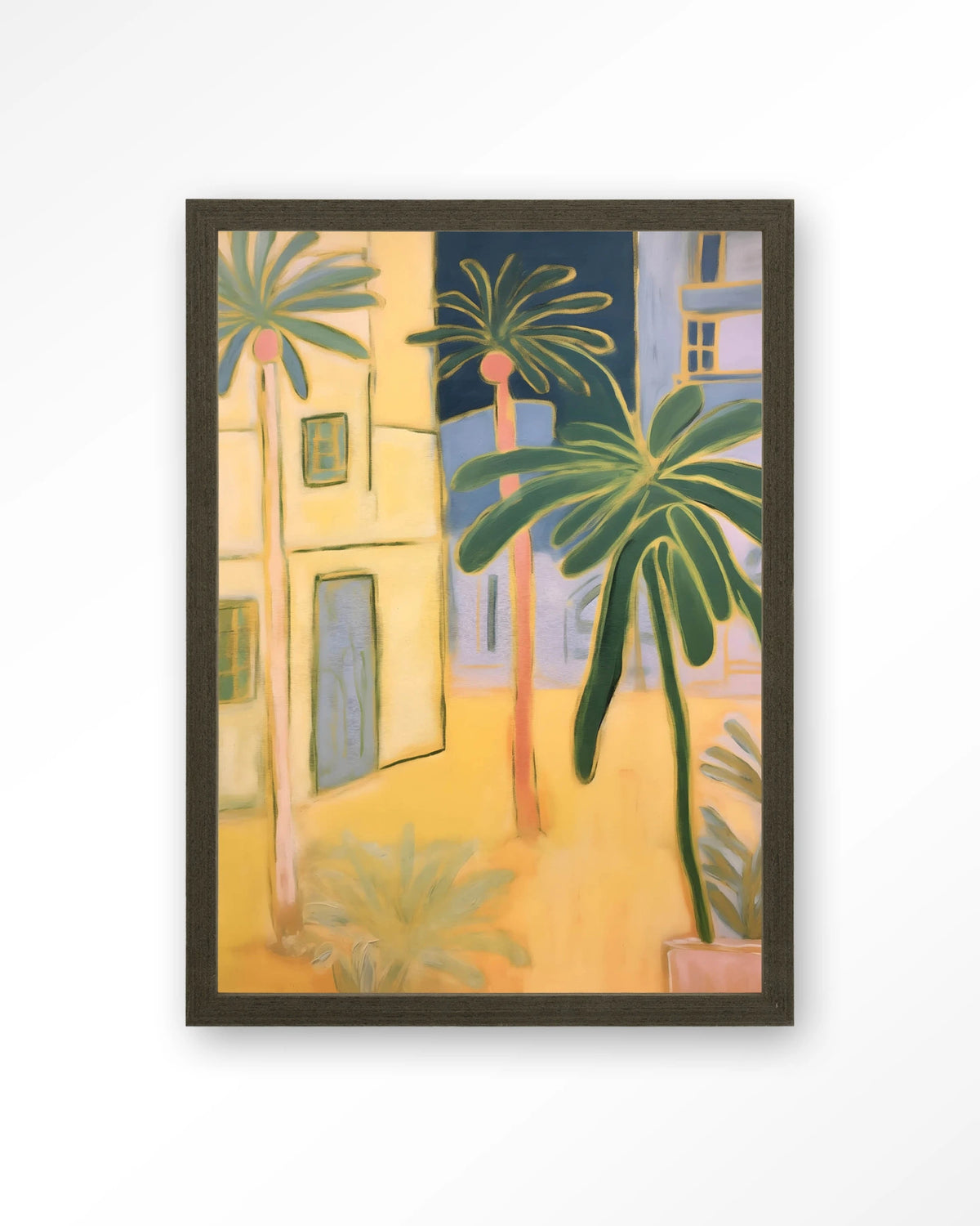 Otrobanda – palmbomen en gele huizen – Art print – Hout donkerbruin
