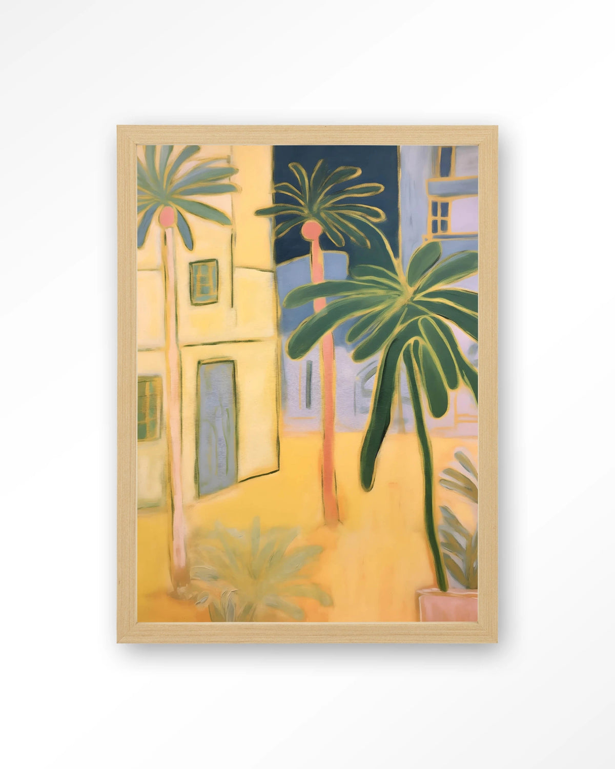 Otrobanda – palmbomen en gele huizen – Art print – Hout naturel
