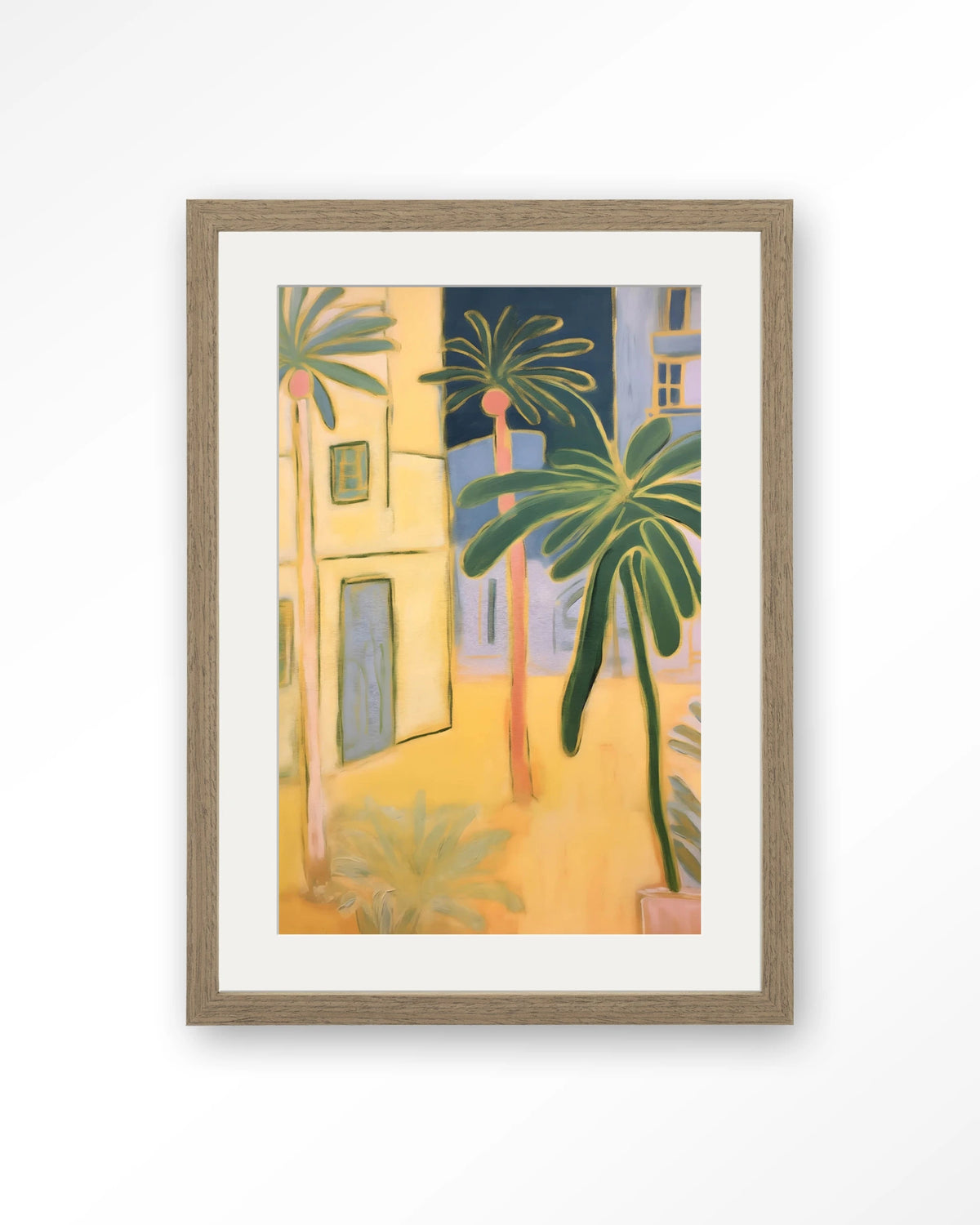 Otrobanda – palmbomen en gele huizen – Art print – Hout bruin + passe-partout