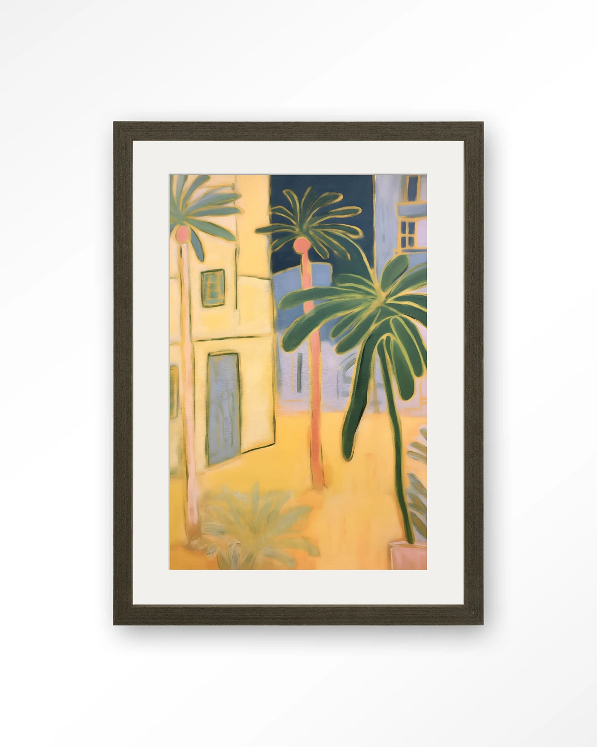 Otrobanda – palmbomen en gele huizen – Art print – Hout donkerbruin + passe-partout