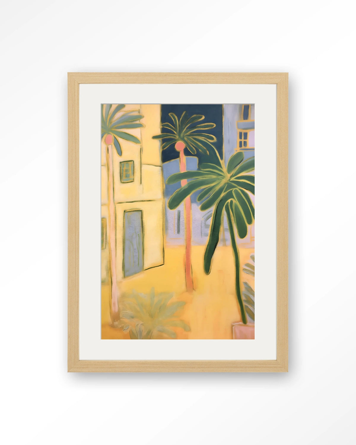 Otrobanda – palmbomen en gele huizen – Art print – Hout naturel + passe-partout