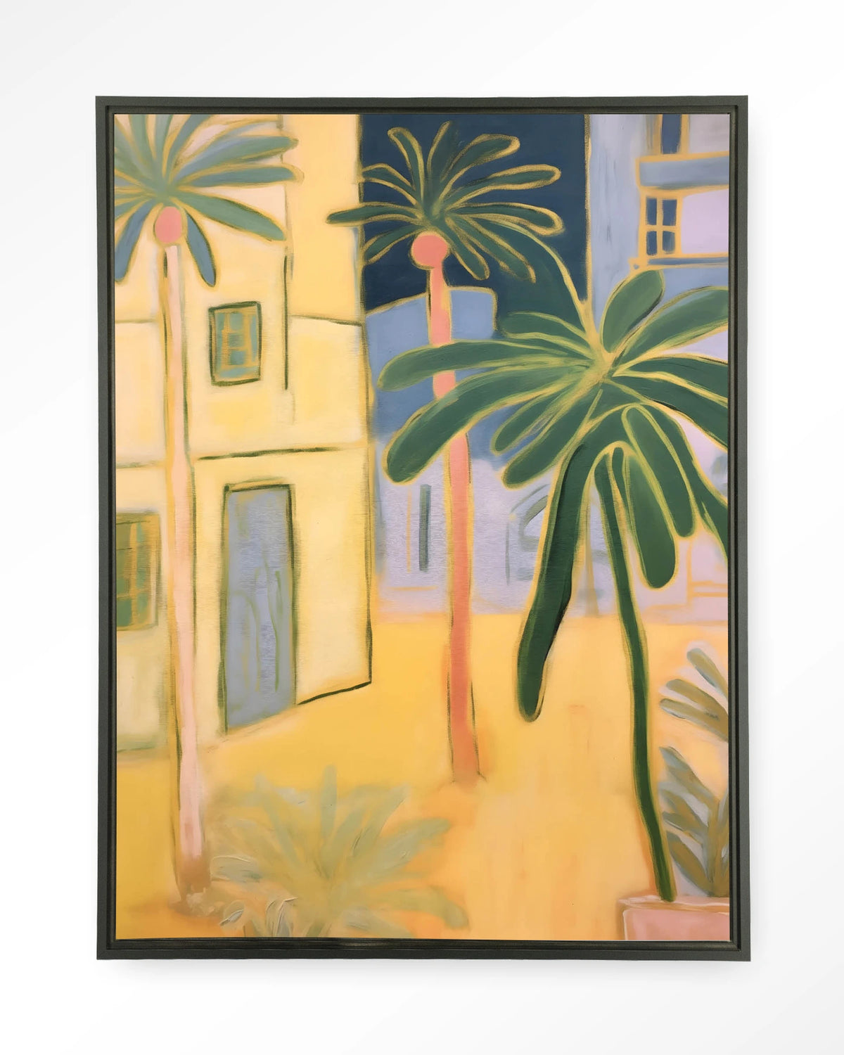 Otrobanda – palmbomen en gele huizen – Wandkleed – Floating frame – zwart