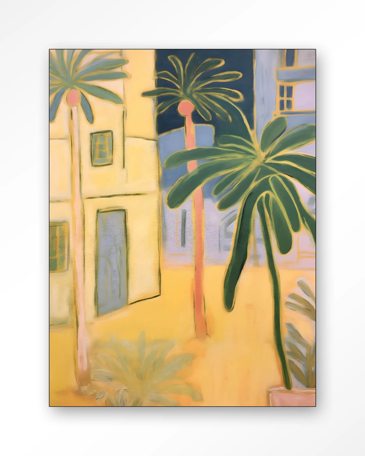 Otrobanda – palmbomen en gele huizen – Wandkleed – Frame – zwart